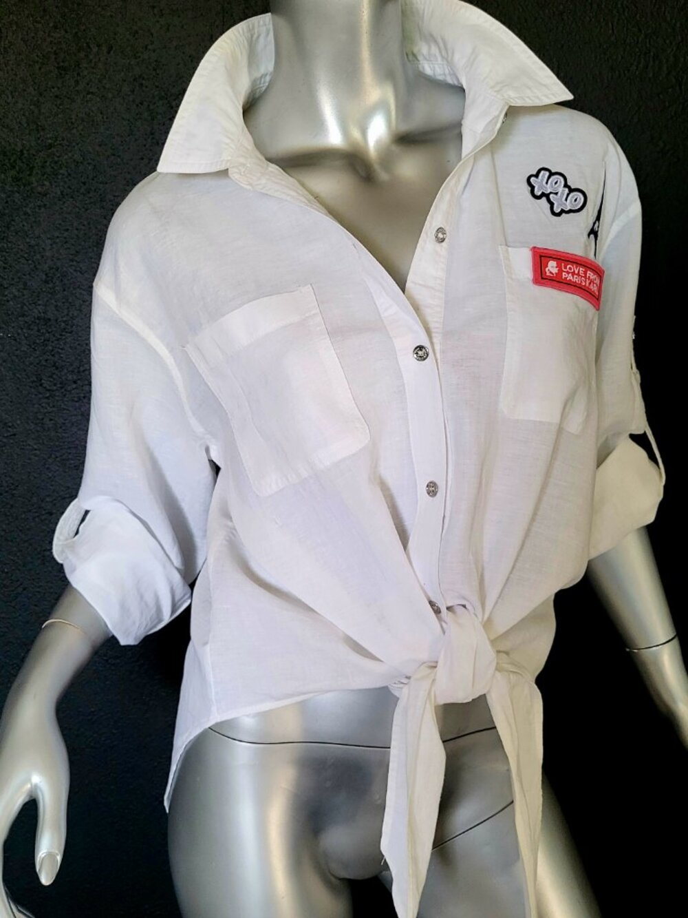 NWT~$90~KARL LAGERFELD~SZ M~WHITE ROLL TAB SLEEVE SHIRT TOP BLOUSE PARIS LOGO - Picture 4 of 16